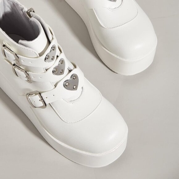 🆕 LUCKY STEP White PU Chunky Platform Ankle Boots Zip Buckle Goth Booties - Picture 7 of 7